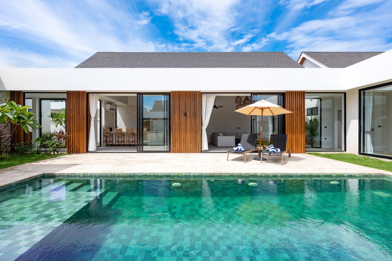 The pool court at Villa Aya, looking toward the living room and bedrooms